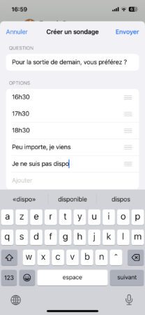 Ecran de saisie d'un sondage WhatsApp