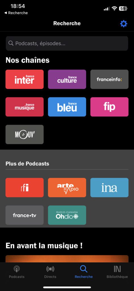 écran de recherche France app radio France