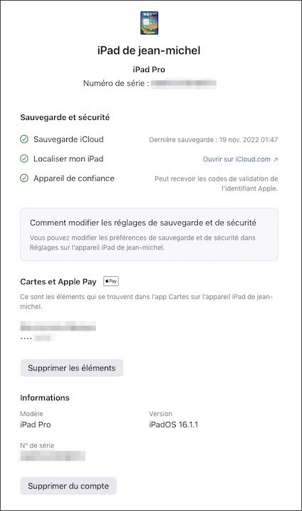 informations détaillées iPad identifiant Apple