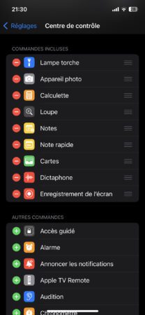 Paramètres du centre de contrôle de l'iPhone