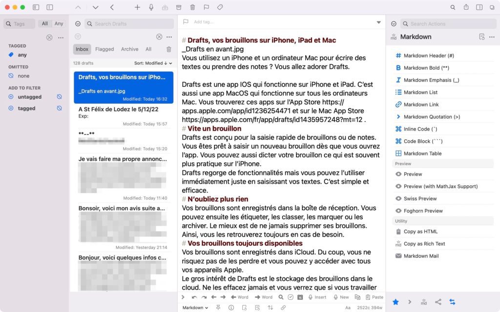 Les nombreuses fonctionnalités de Drafts