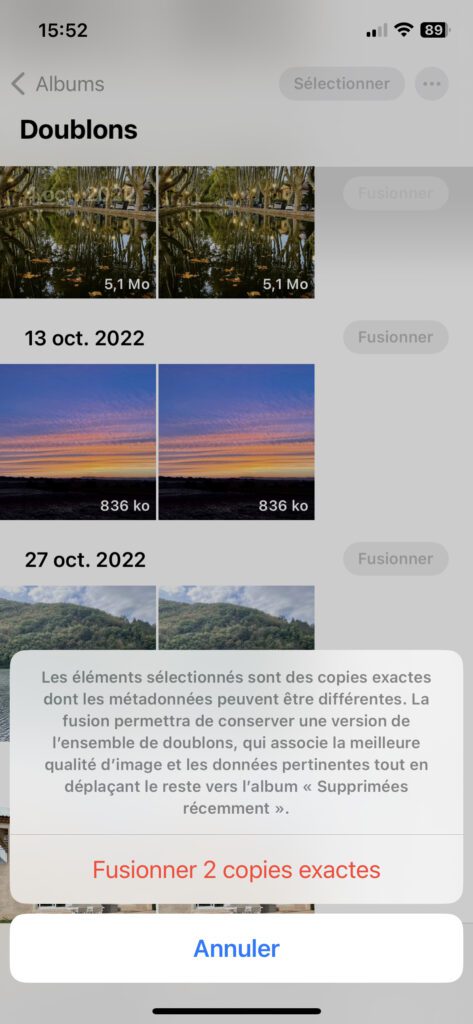 fusionner deux copies exactes de photos en doublon